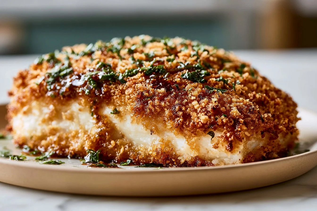 Airfryer-Hähnchenbrust mit aromatischer Kräuterkruste auf einem Teller