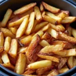 Hausgemachte Fritten aus der Heißluftfritteuse auf einem Teller serviert.