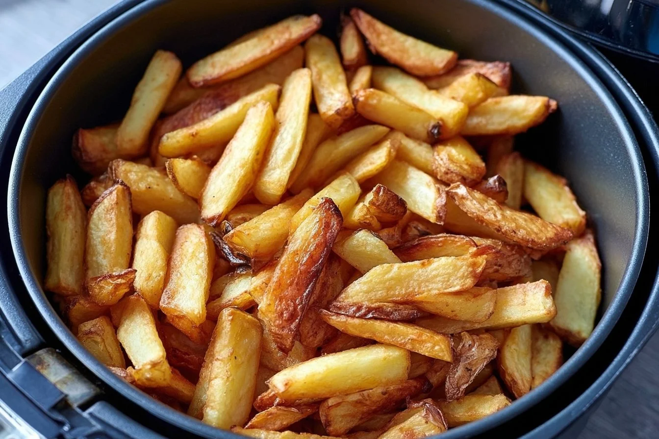 Hausgemachte Fritten aus der Heißluftfritteuse auf einem Teller serviert.