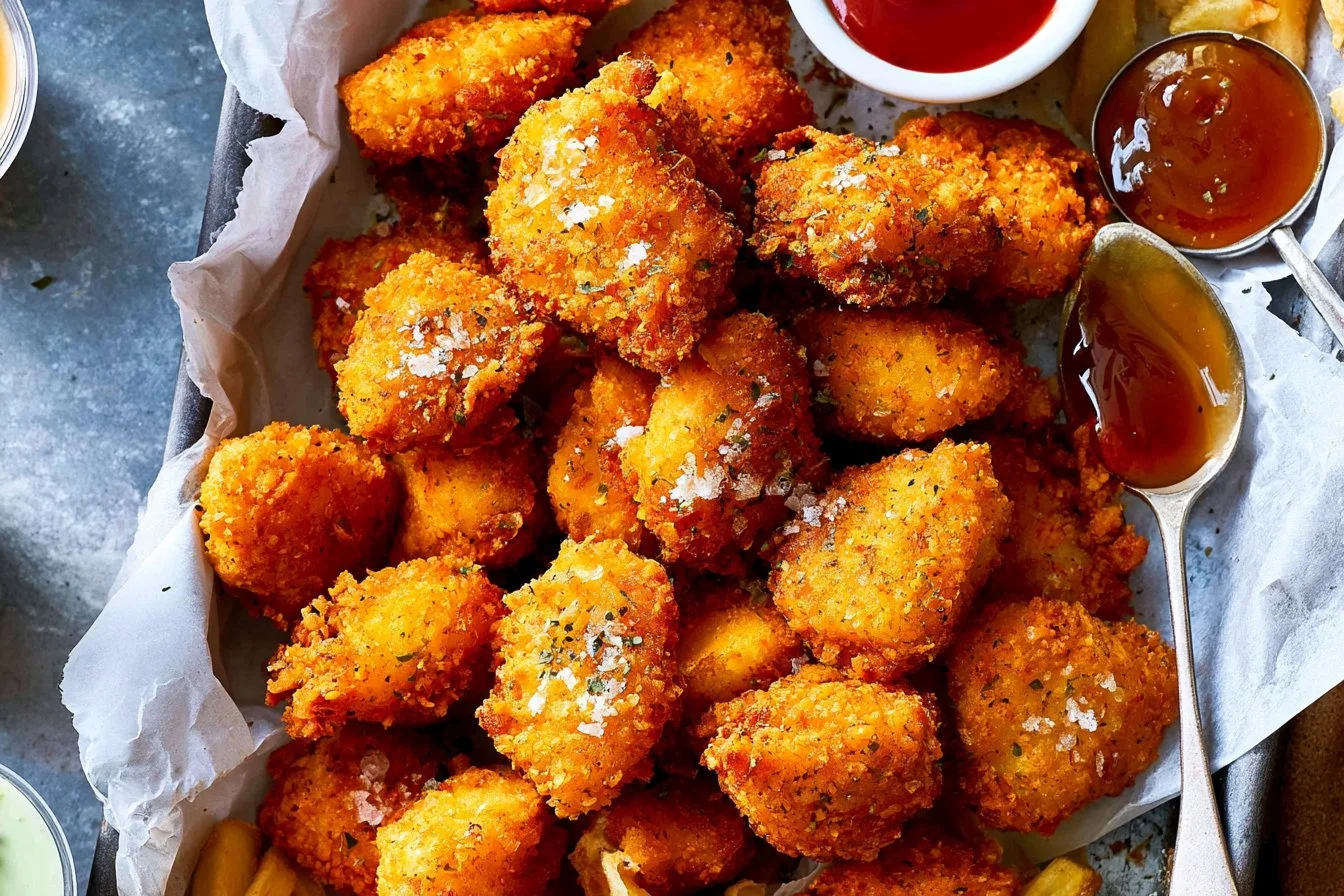 Krosse hausgemachte Air Fryer Hühnchen-Nuggets auf einem Teller